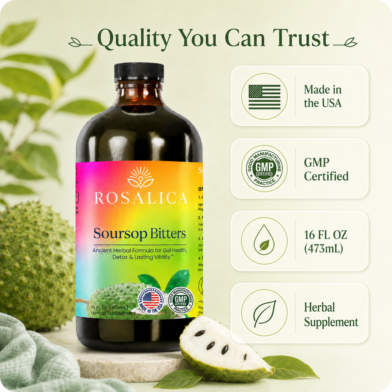 Rosalica Soursop Bitters Herbal Supplement | Plant-Based Daily Wellness Formula | 16 FL OZ (473mL)