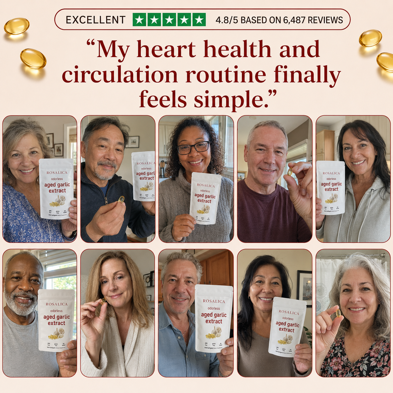ROSALICA Odorless Aged Garlic Extract Softgels | 300 Count | Heart Health, Circulation & Blood Flow Support