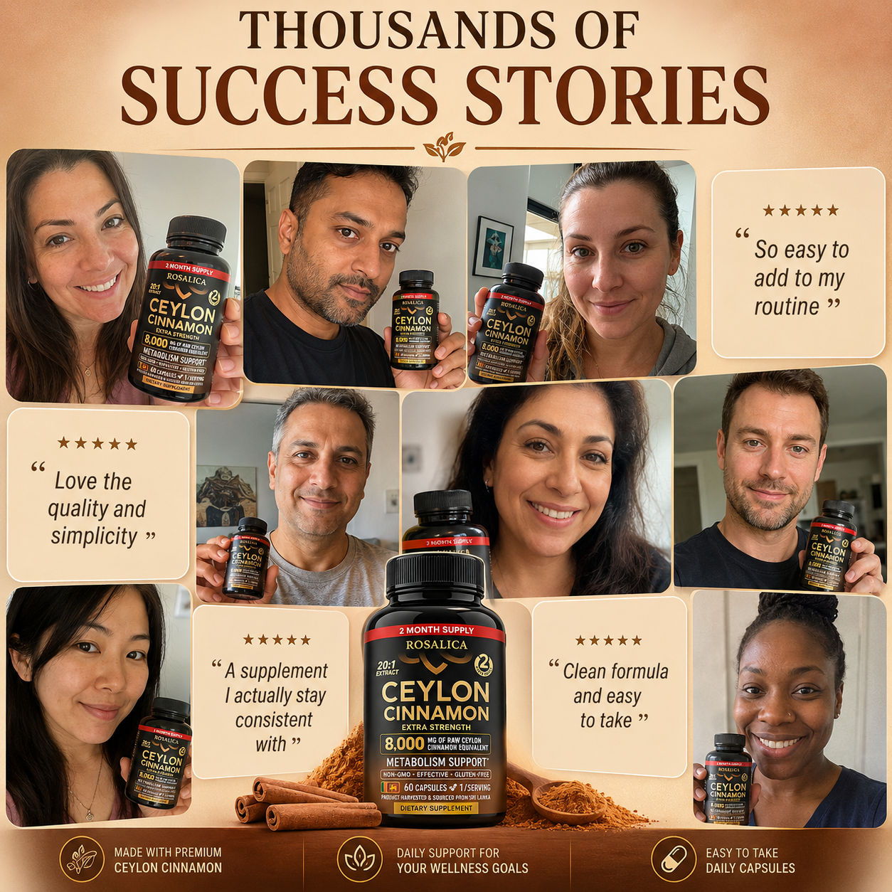 ROSALICA Ceylon Cinnamon 20:1 Extract | 8,000 mg Equivalent | 60 Capsules