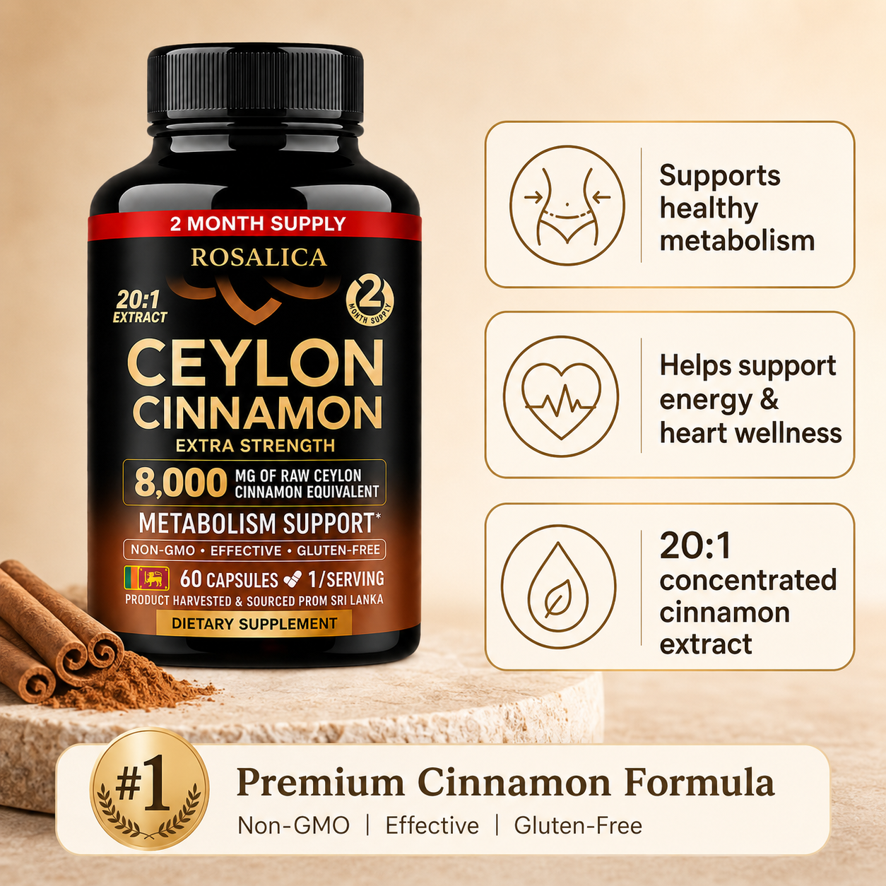 ROSALICA Ceylon Cinnamon 20:1 Extract | 8,000 mg Equivalent | 60 Capsules