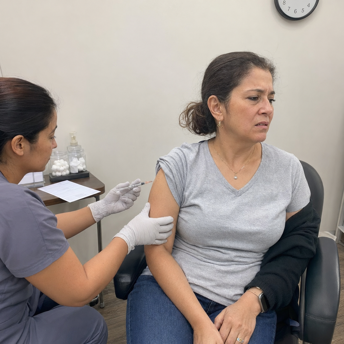 Woman preparing to receive an injection at a clinic