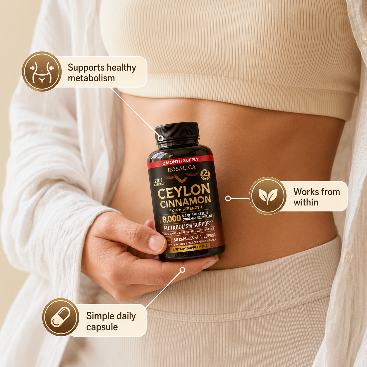 ROSALICA Ceylon Cinnamon 20:1 Extract | 8,000 mg Equivalent | 60 Capsules