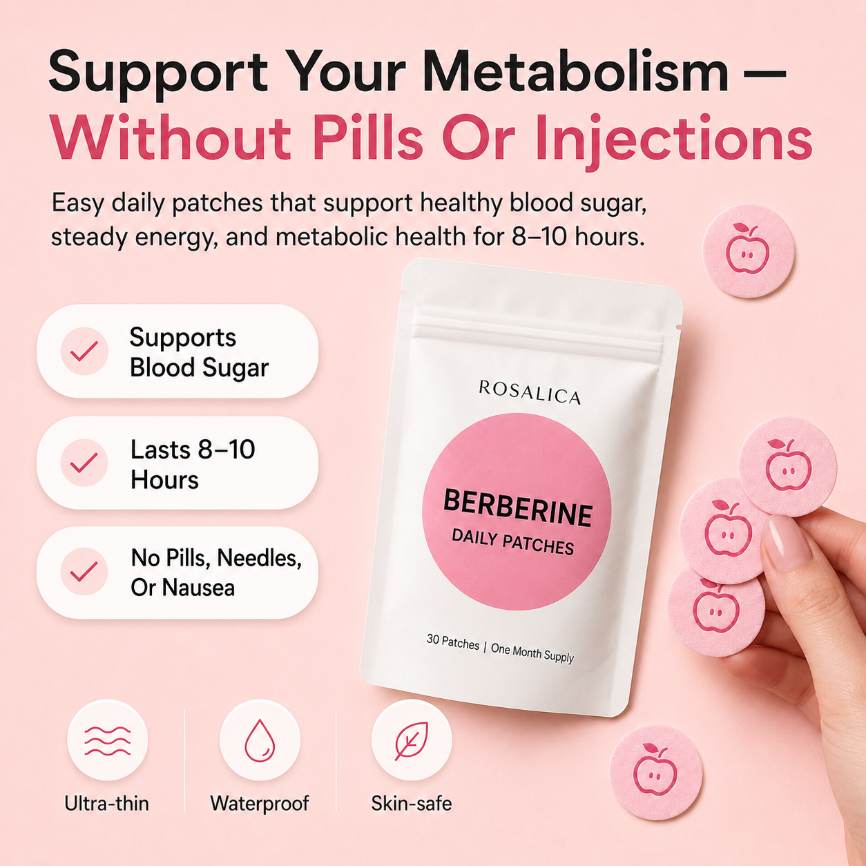 Rosalica Berberine Daily Patches — 30-Day Supply | Blood Sugar, Metabolism & Craving Support