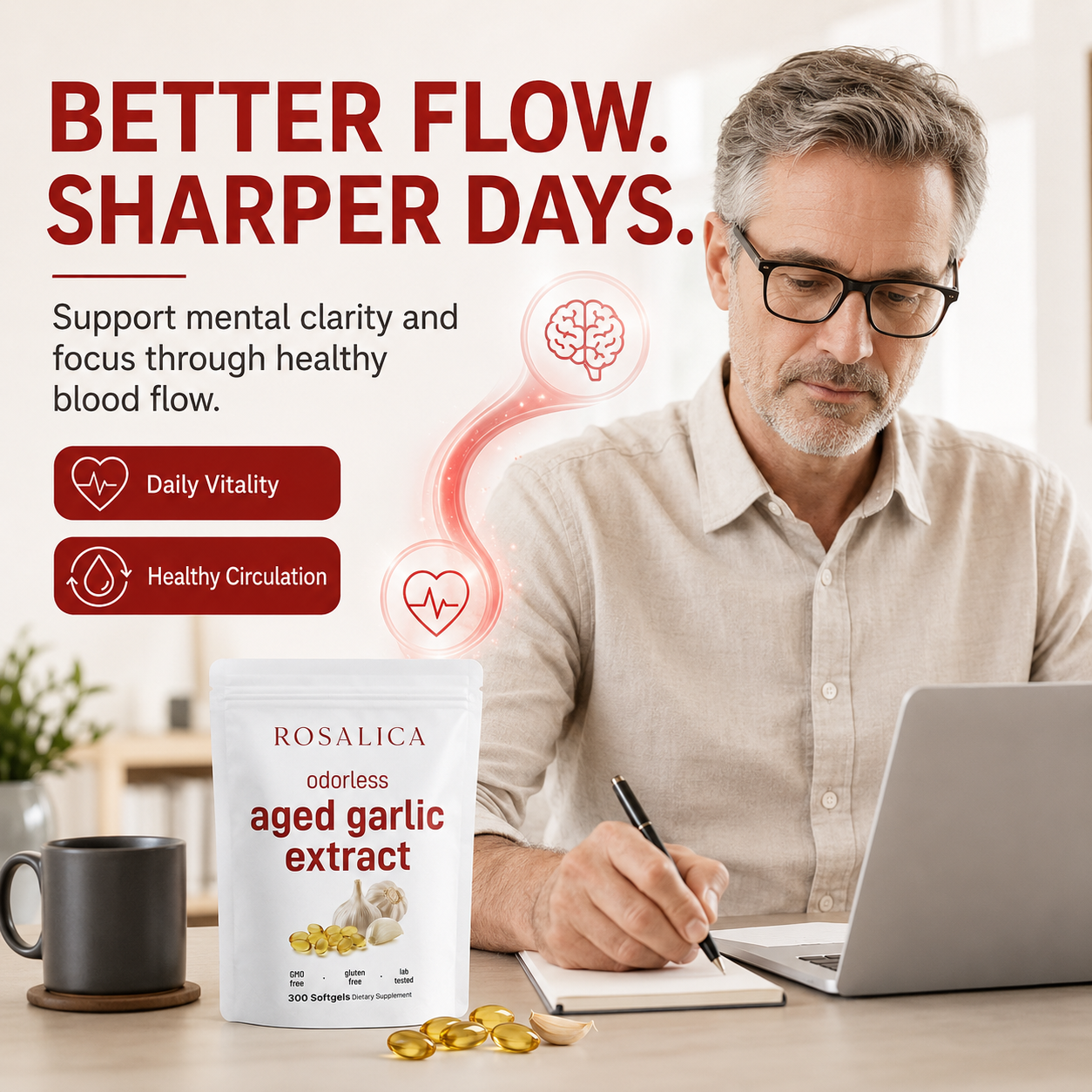 ROSALICA Odorless Aged Garlic Extract Softgels | 300 Count | Heart Health, Circulation & Blood Flow Support