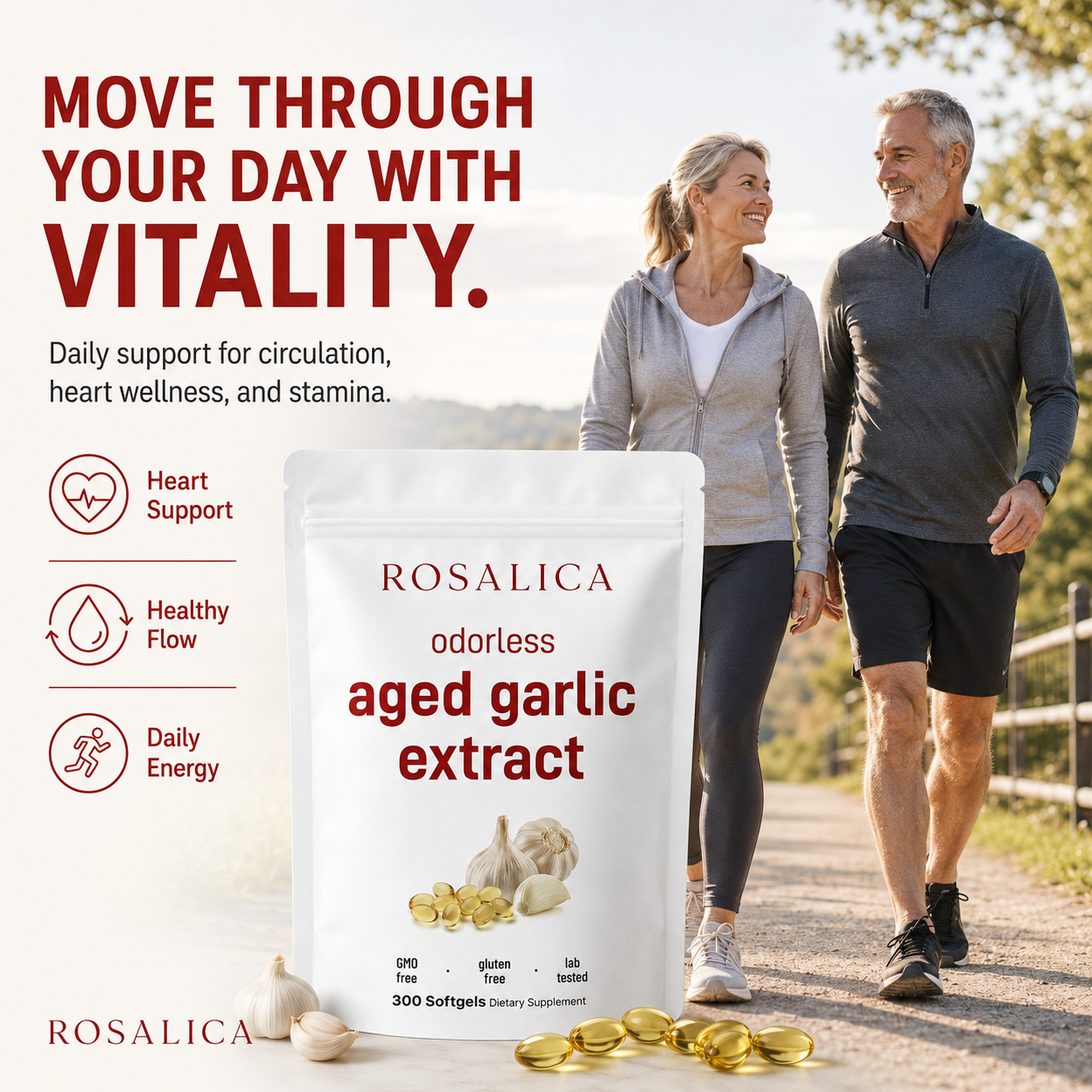 ROSALICA Odorless Aged Garlic Extract Softgels | 300 Count | Heart Health, Circulation & Blood Flow Support