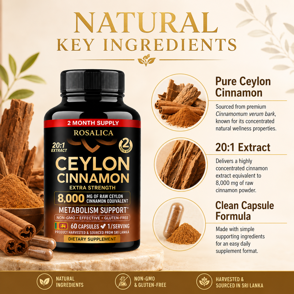 ROSALICA Ceylon Cinnamon 20:1 Extract | 8,000 mg Equivalent | 60 Capsules