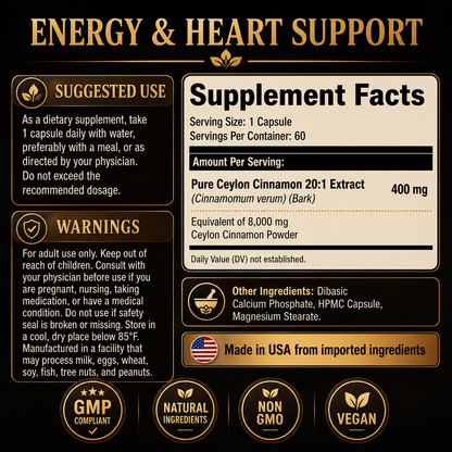 ROSALICA Ceylon Cinnamon 20:1 Extract | 8,000 mg Equivalent | 60 Capsules