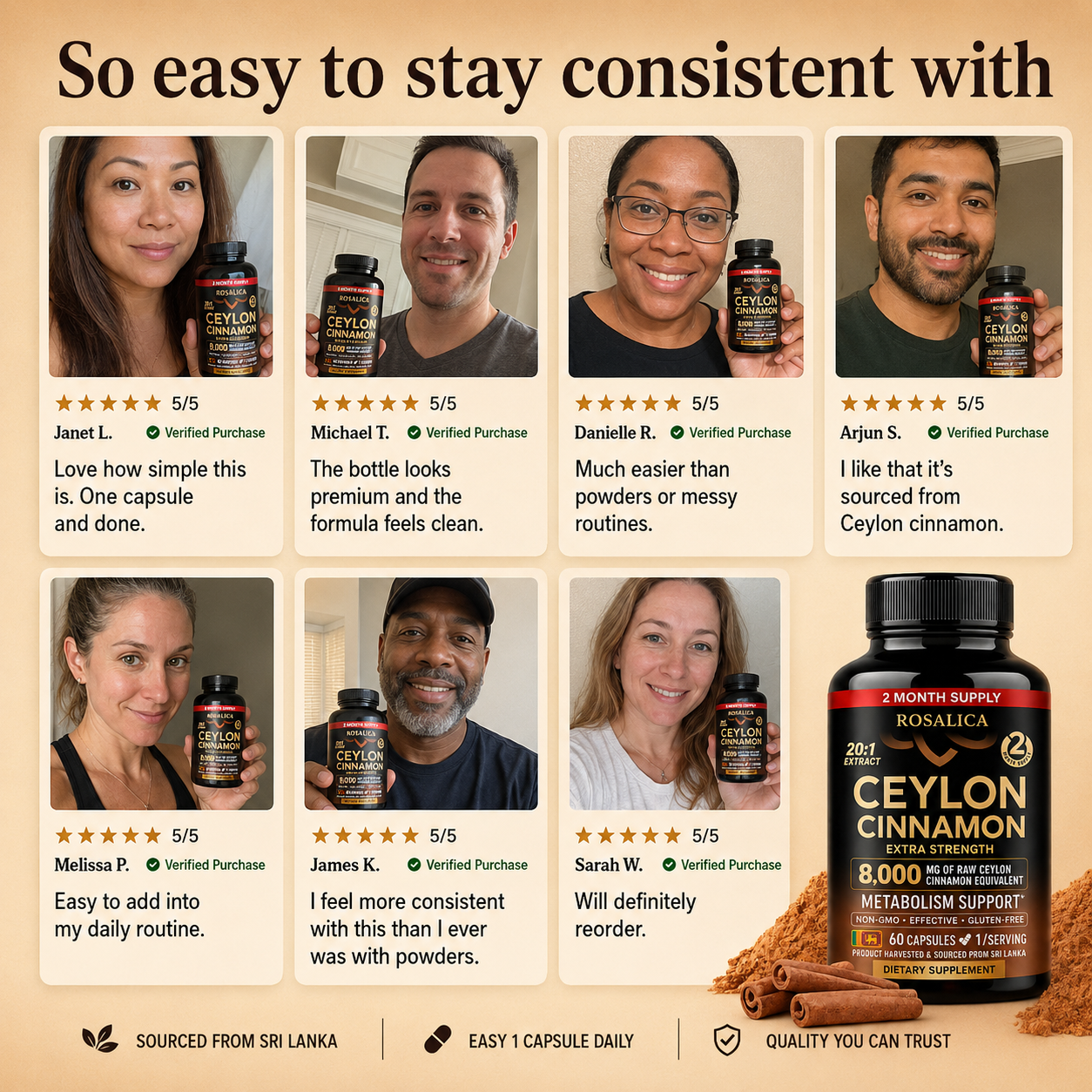 ROSALICA Ceylon Cinnamon 20:1 Extract | 8,000 mg Equivalent | 60 Capsules