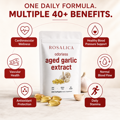 ROSALICA Odorless Aged Garlic Extract Softgels | 300 Count | Heart Health, Circulation & Blood Flow Support