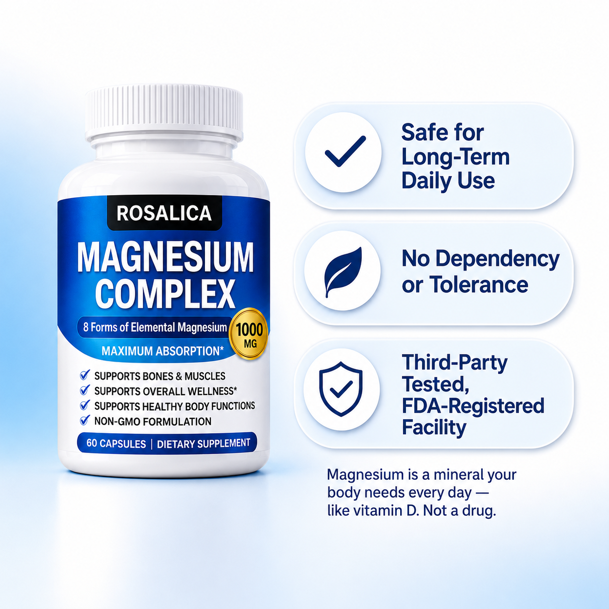 Rosalica Magnesium Complex 1000mg | 8 Forms of Elemental Magnesium | 90 Capsules