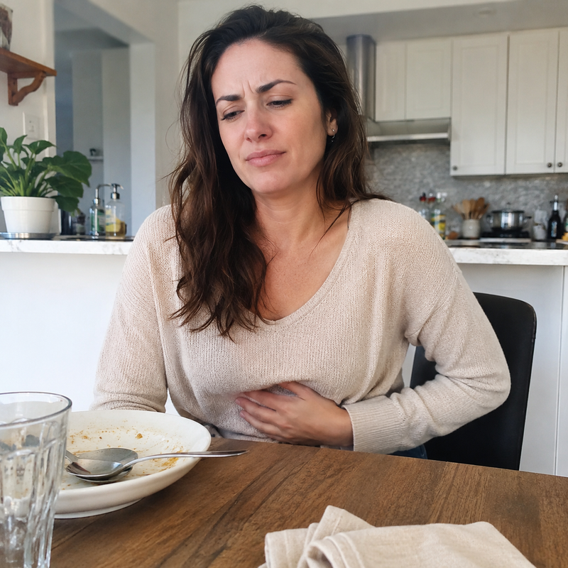 Woman feeling uncomfortable after a meal