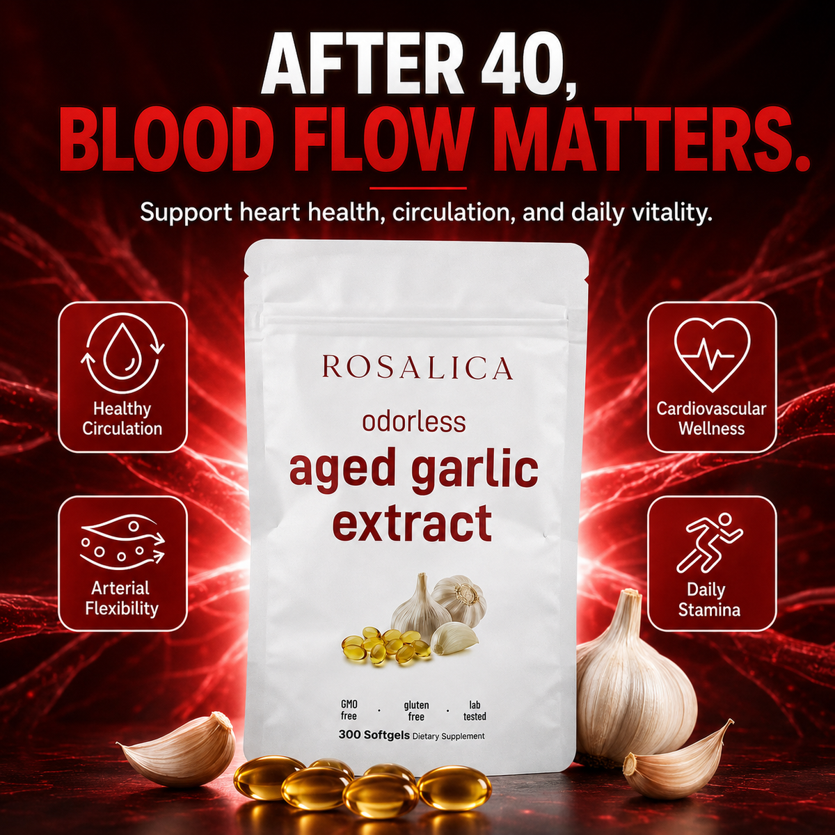 ROSALICA Odorless Aged Garlic Extract pouch with garlic and softgels