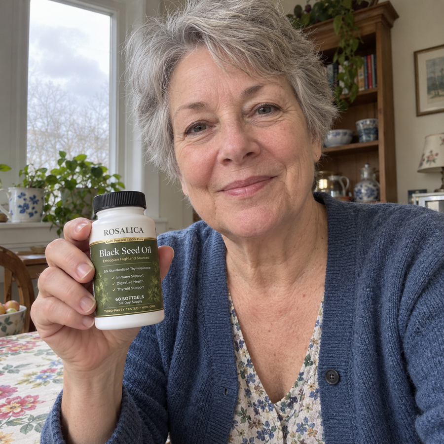 Illustrative model holding Rosalica Black Seed Oil