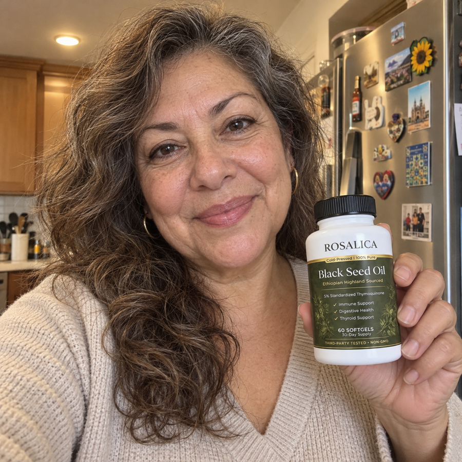 Illustrative model holding Rosalica Black Seed Oil