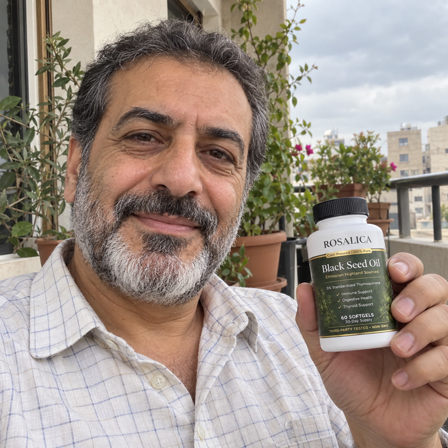 Illustrative model holding Rosalica Black Seed Oil