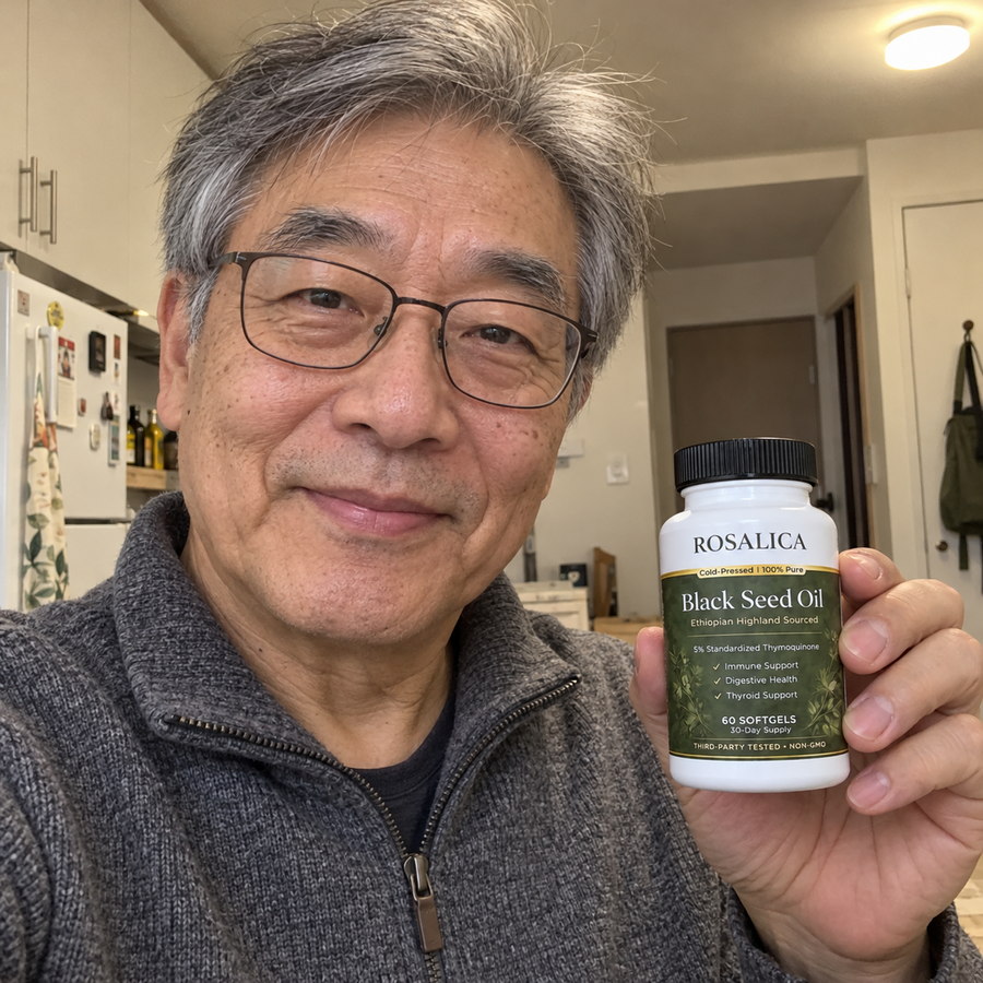 Illustrative model holding Rosalica Black Seed Oil