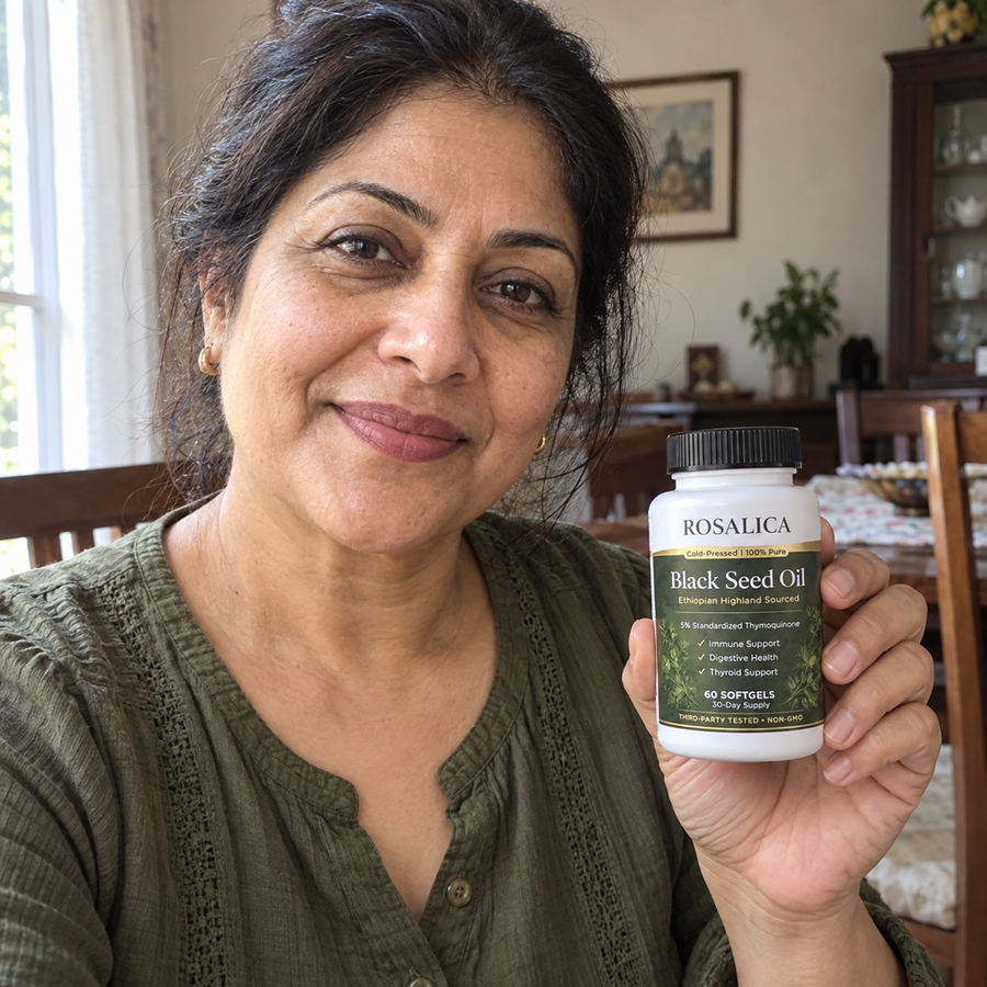 Illustrative model holding Rosalica Black Seed Oil