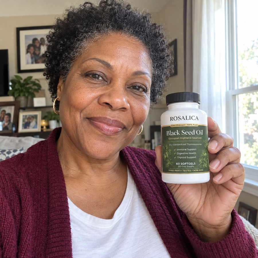 Illustrative model holding Rosalica Black Seed Oil
