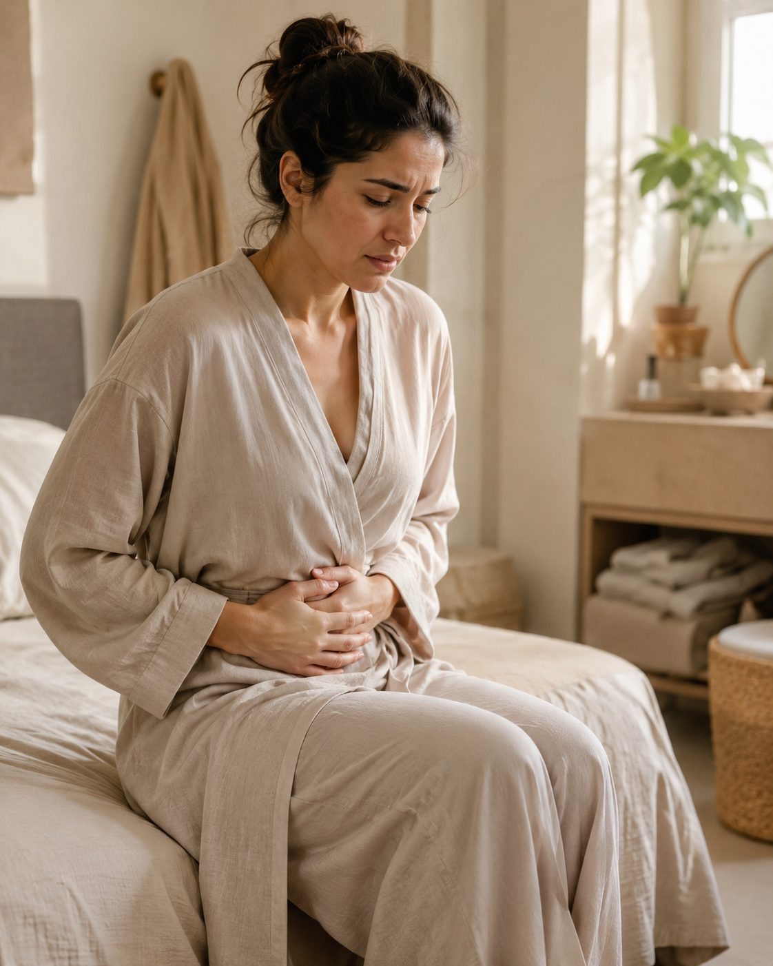 Woman experiencing bloating and abdominal discomfort during her self-care routine