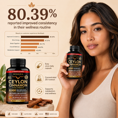 ROSALICA Ceylon Cinnamon 20:1 Extract | 8,000 mg Equivalent | 60 Capsules