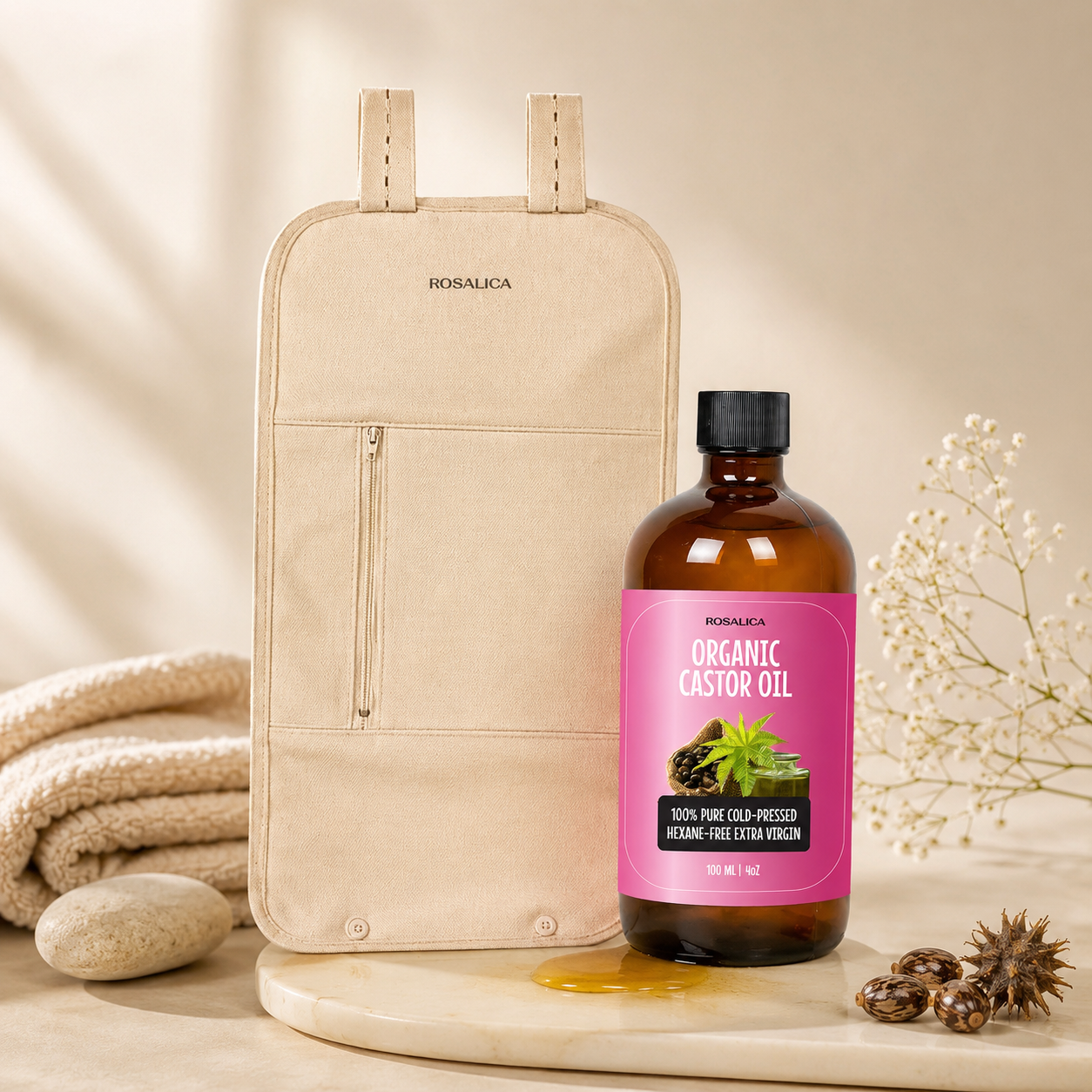 Rosalica Castor Oil Wellness Pack for bloating, liver detox, and abdominal self-care