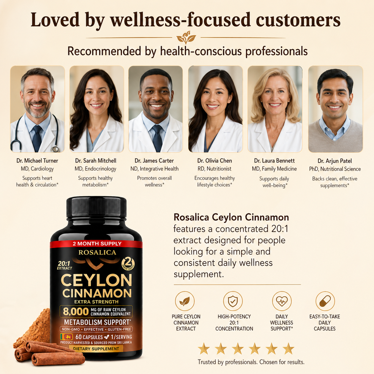 ROSALICA Ceylon Cinnamon 20:1 Extract | 8,000 mg Equivalent | 60 Capsules