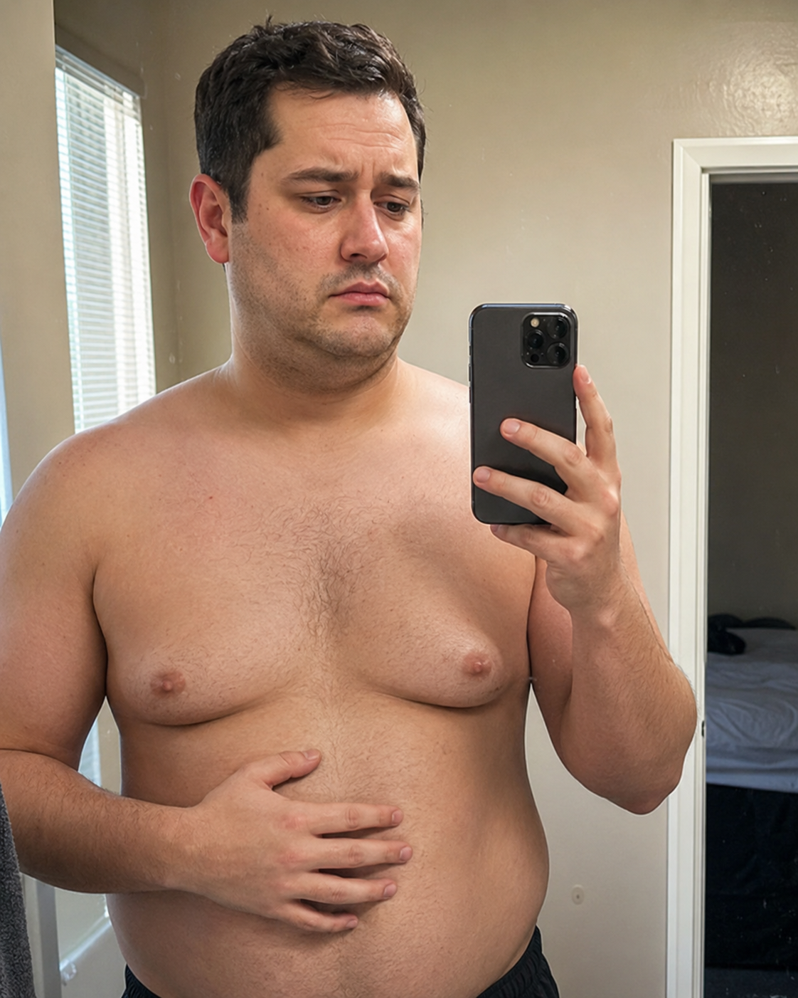 Man with puffy face and gyno-looking chest puffiness