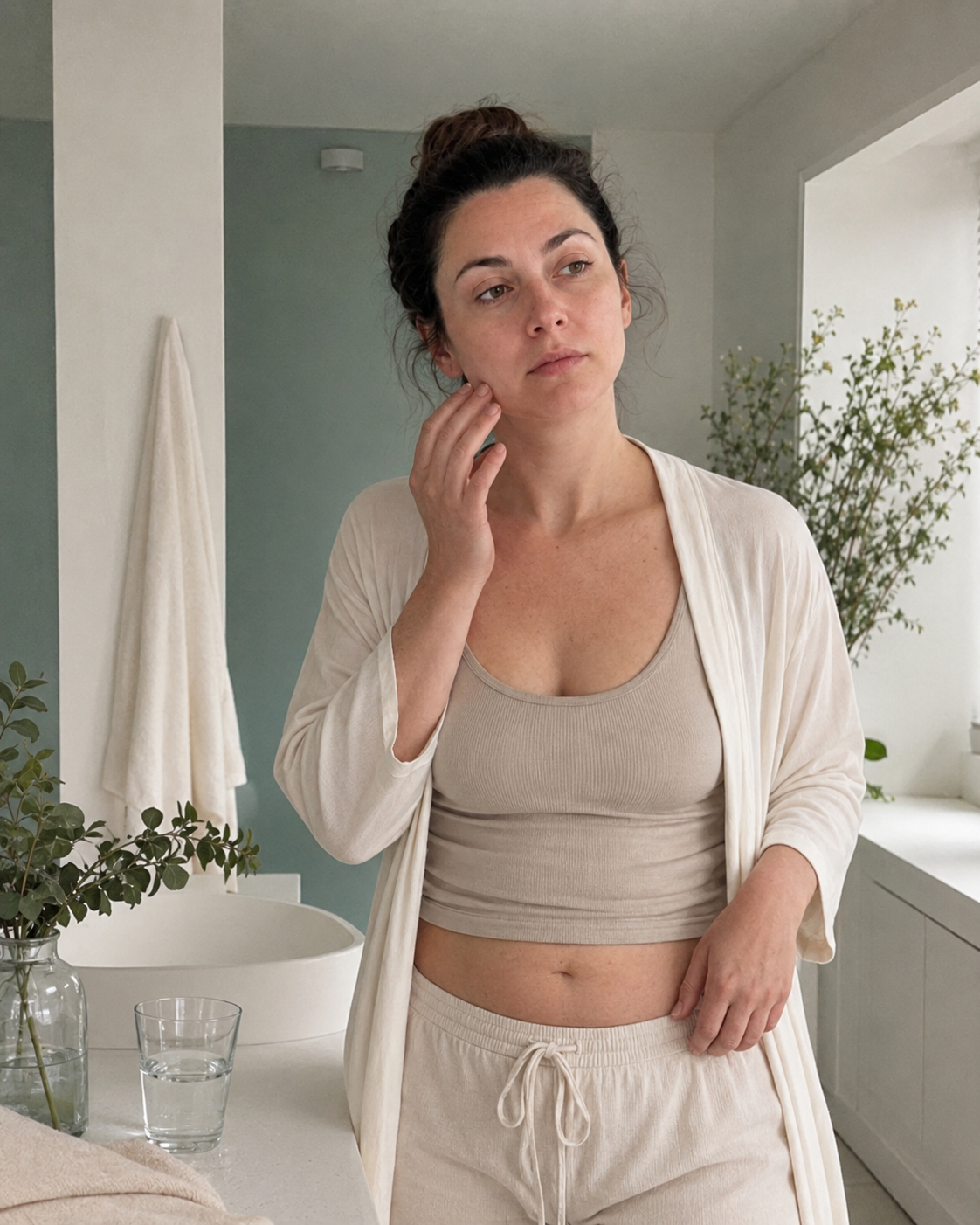 Woman feeling puffy and bloated in the morning