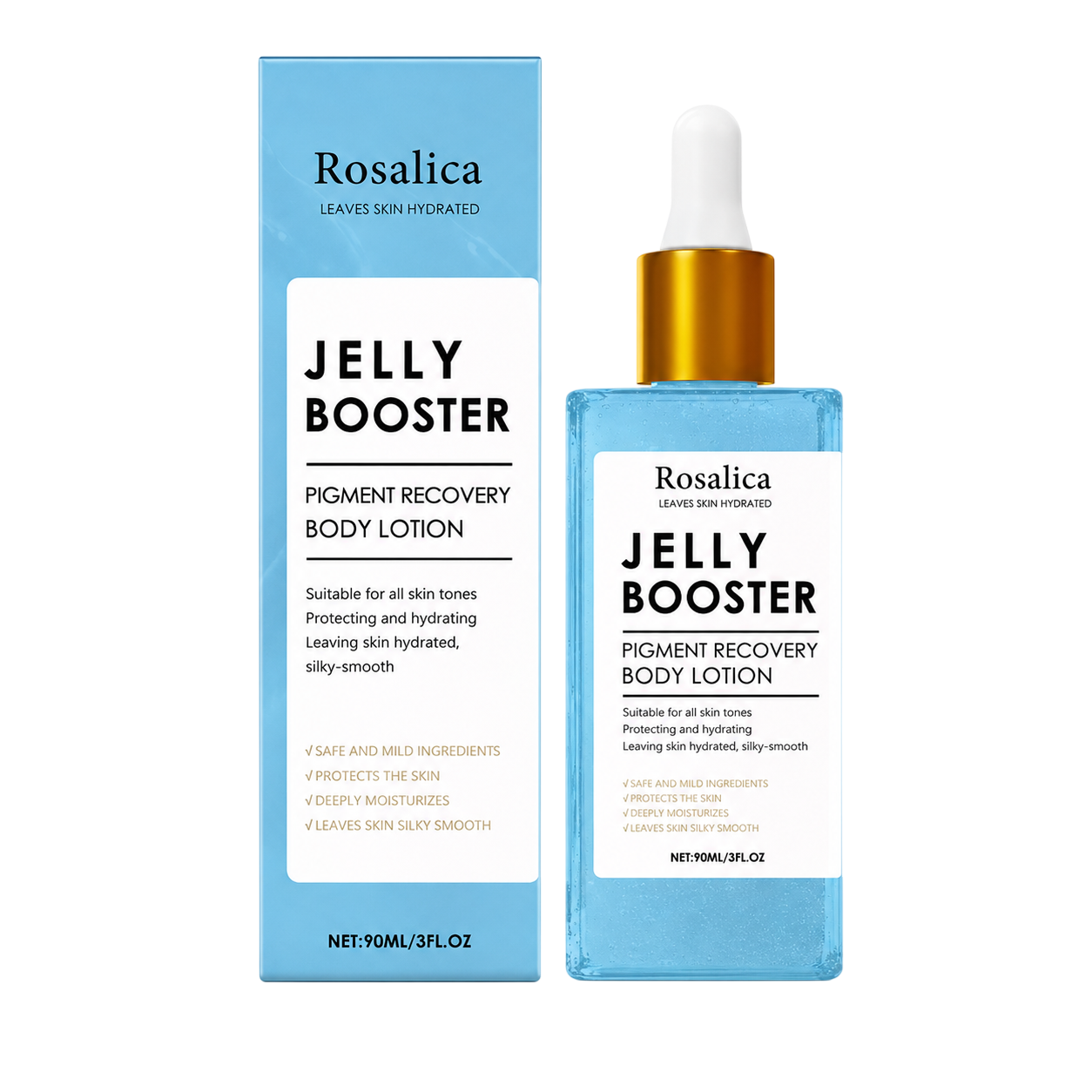 Rosalica Jelly Booster blue aqua gel body lotion for uneven tone and radiant skin