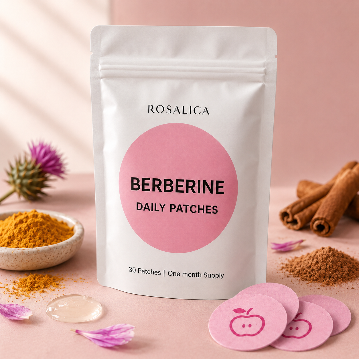 Rosalica Berberine Daily Patches product and soft pink patches