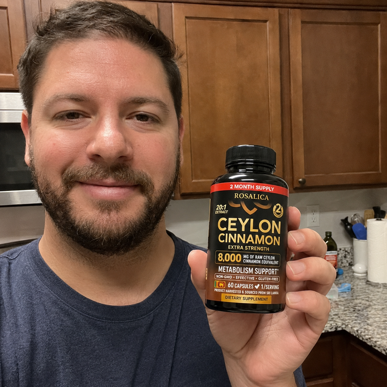 Customer holding Rosalica Ceylon Cinnamon bottle