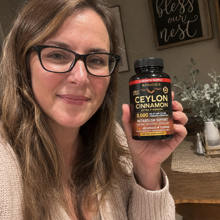 Customer with Rosalica supplement bottle