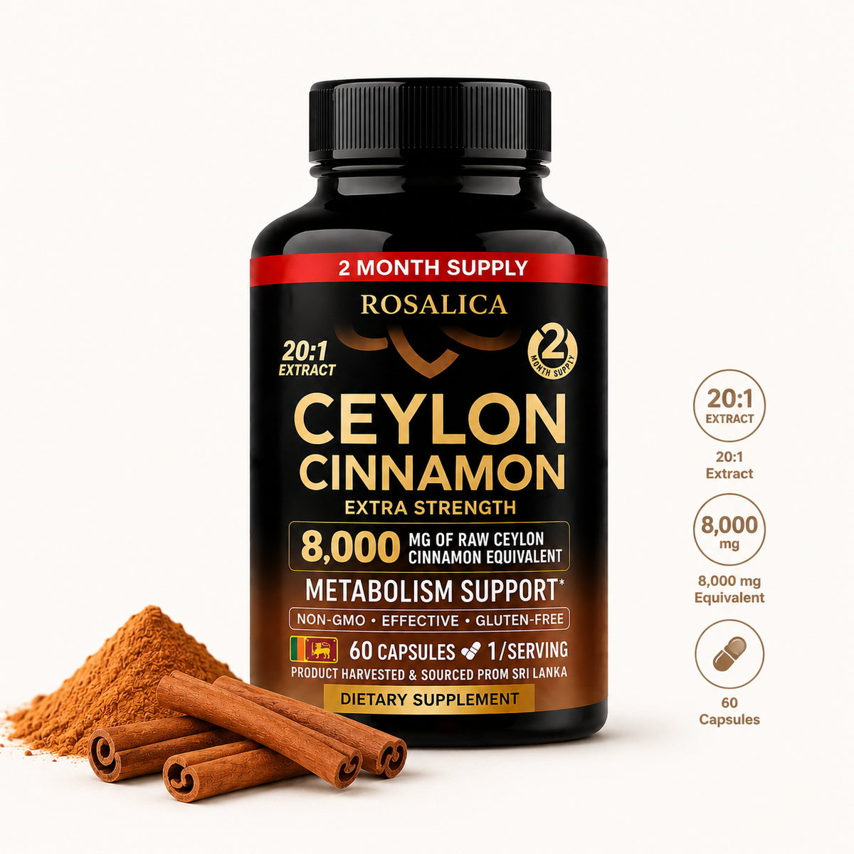 ROSALICA Ceylon Cinnamon capsule bottle