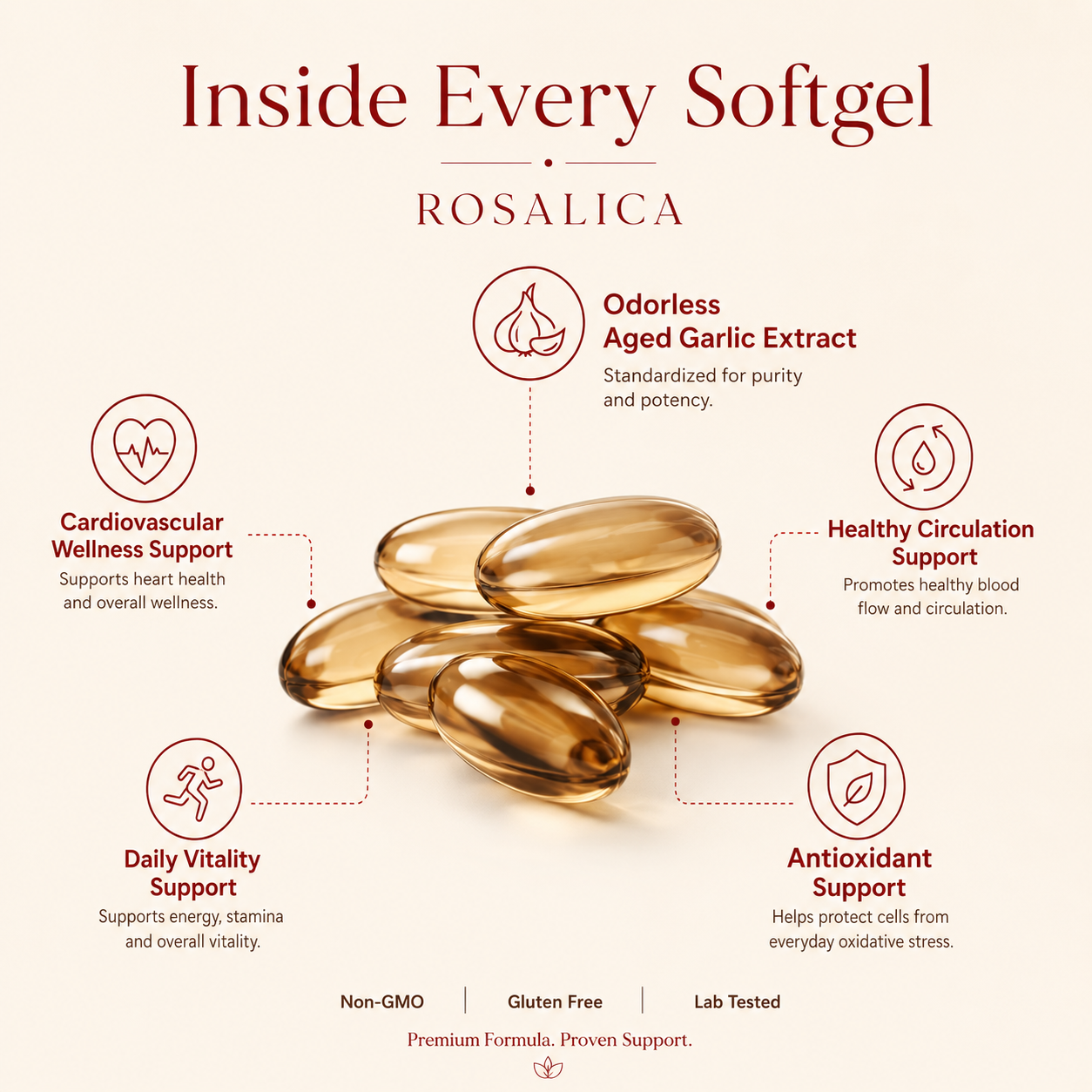 ROSALICA Odorless Aged Garlic Extract Softgels | 300 Count | Heart Health, Circulation & Blood Flow Support