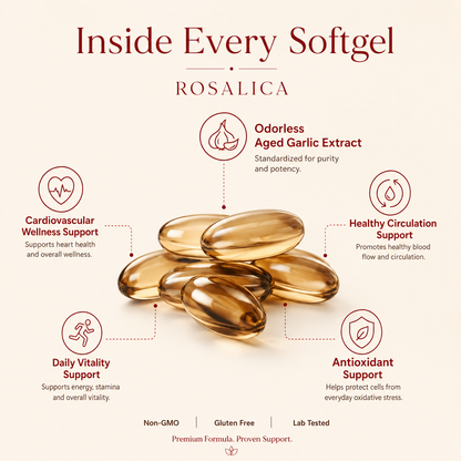 ROSALICA Odorless Aged Garlic Extract Softgels | 300 Count | Heart Health, Circulation & Blood Flow Support