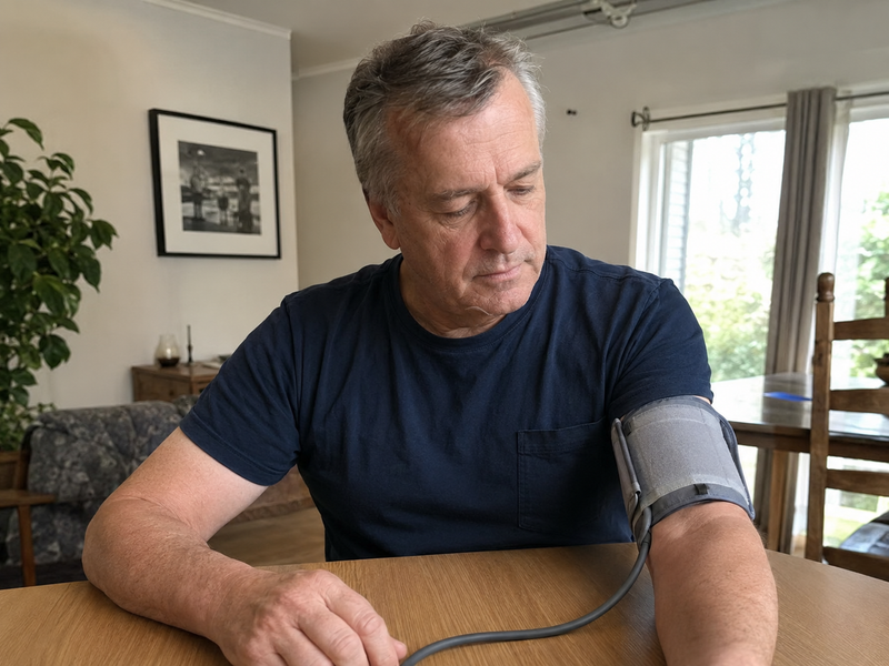 Middle aged adult checking blood pressure at home