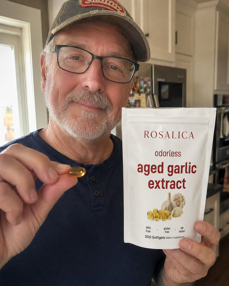 Middle aged customer taking aged garlic softgels