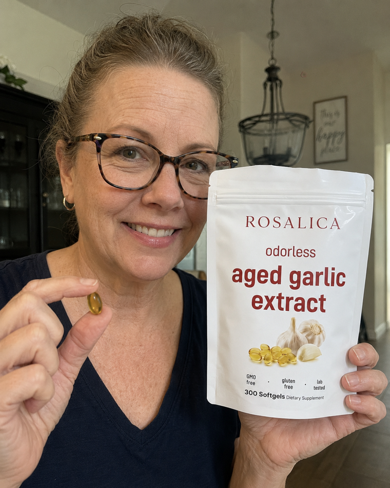 Middle aged customer using aged garlic softgels daily